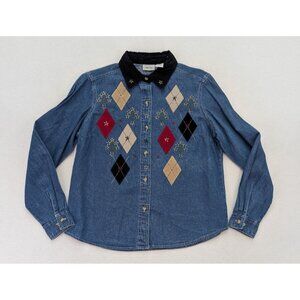 Cabin Creek Women's Top Size PM Long Sleeve Denim Button-Up Embroidered